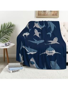 Coastal Shark Print Plush Throw Blanket - Navy
